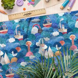 Ткань дюспо морские детские корабли и горы