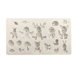 Молд силиконовый прямоугольный "Жители леса: енот, лиса, олень, медведь, еж, заяц, улитка и грибы"