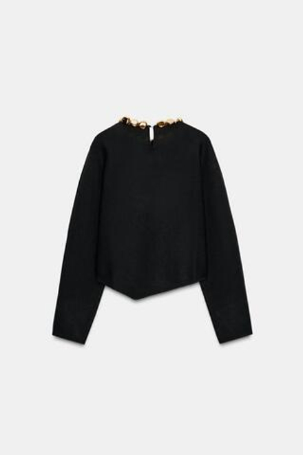 ZARA ДЖЕМПЕР ВЯЗАНЫЙ С БУСИНАМИ НА ВОРОТНИКЕ, ЧЕРНЫЙ