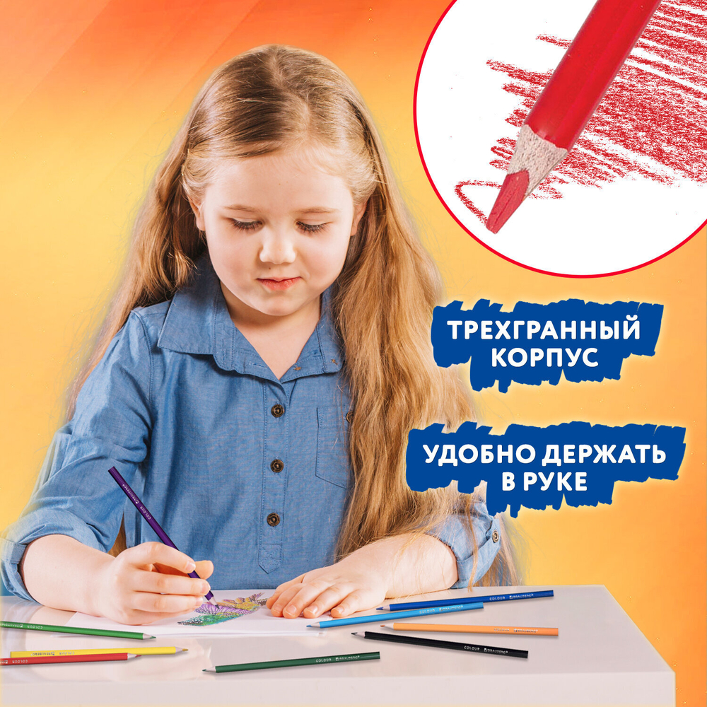 Карандаши цветные BRAUBERG PREMIUM 24 цвета + 2 чернографитных карандаша, трехгранные, грифель 3 мм.