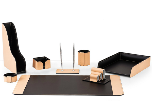 Настольный набор офисный 8 предметов из кожи натурале/шоколад