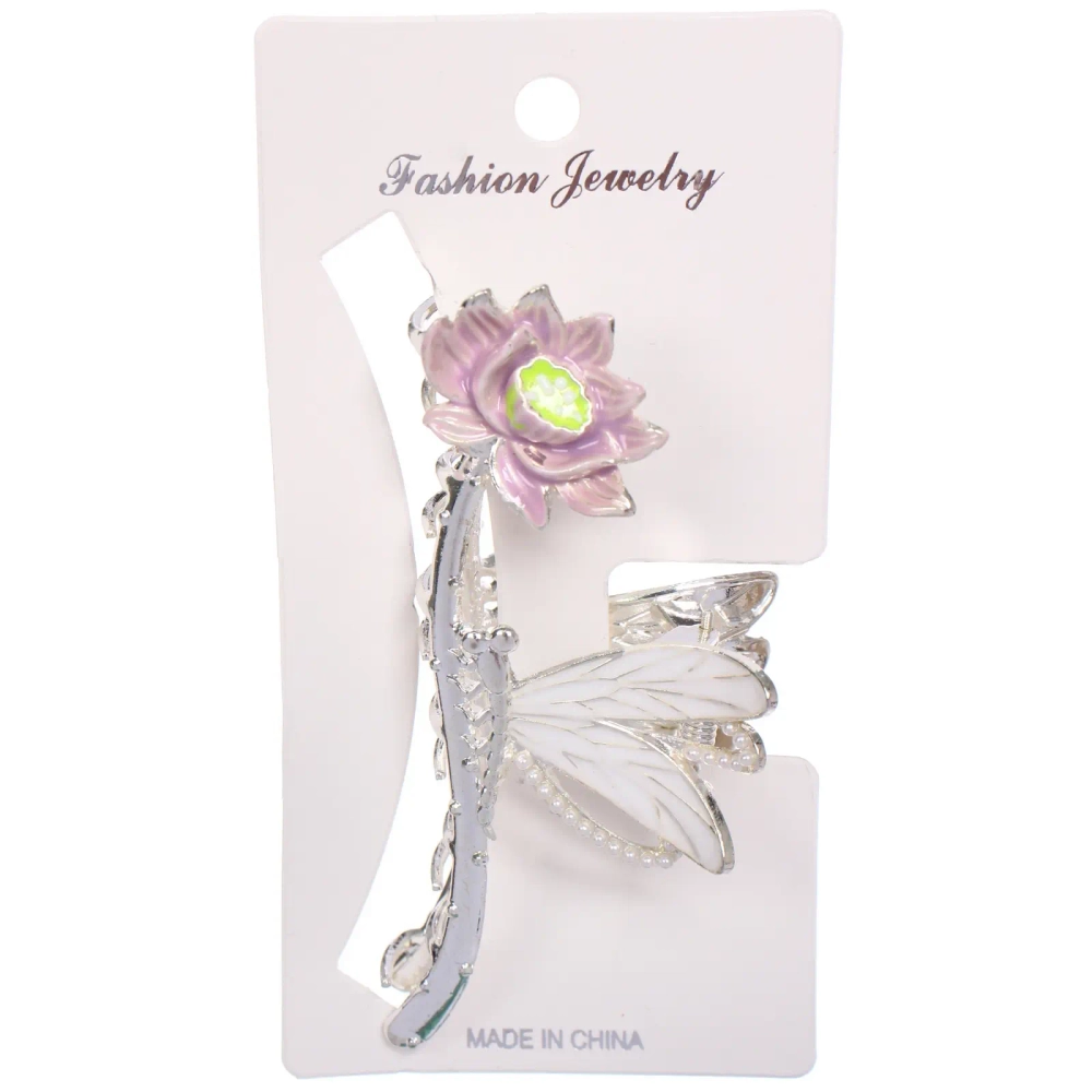 Заколка - краб для волос на блистере «ДЕ Палма», цветочек и стрекоза, цвет золото и серебро, 11.5*4см