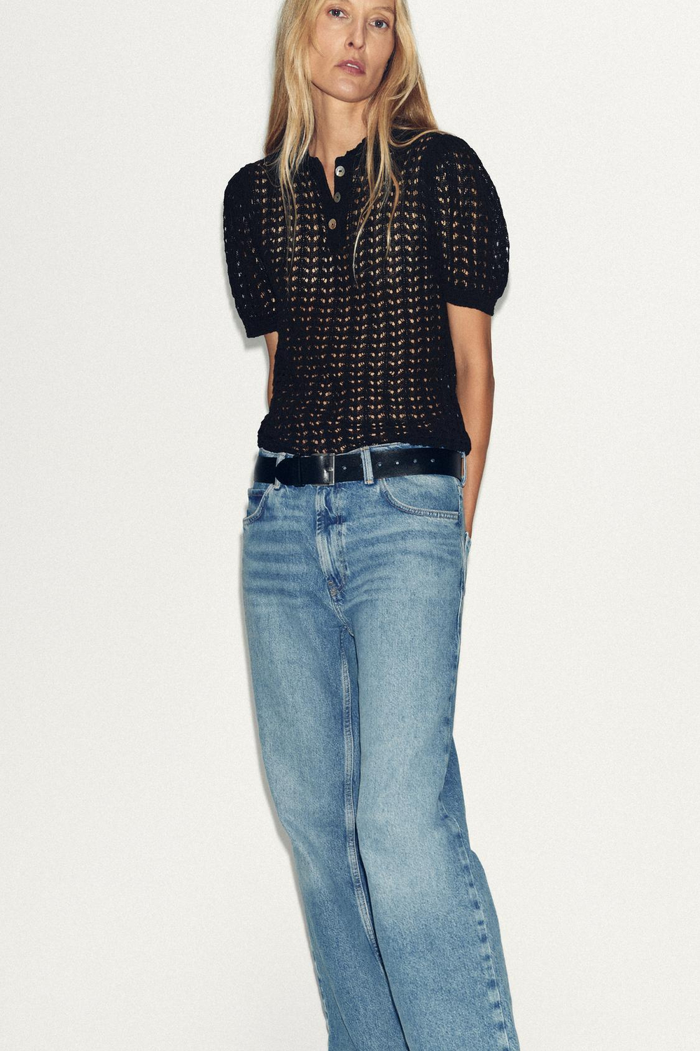 ZARA ТРИКОТАЖНЫЙ ТОП ПОЛО С АЖУРНЫМ УЗОРОМ, ЧЕРНЫЙ