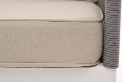 "Канны" диван 3-местный плетеный из роупа, каркас алюминий белый муар, роуп светло-серый круглый, ткань бежевая 15052