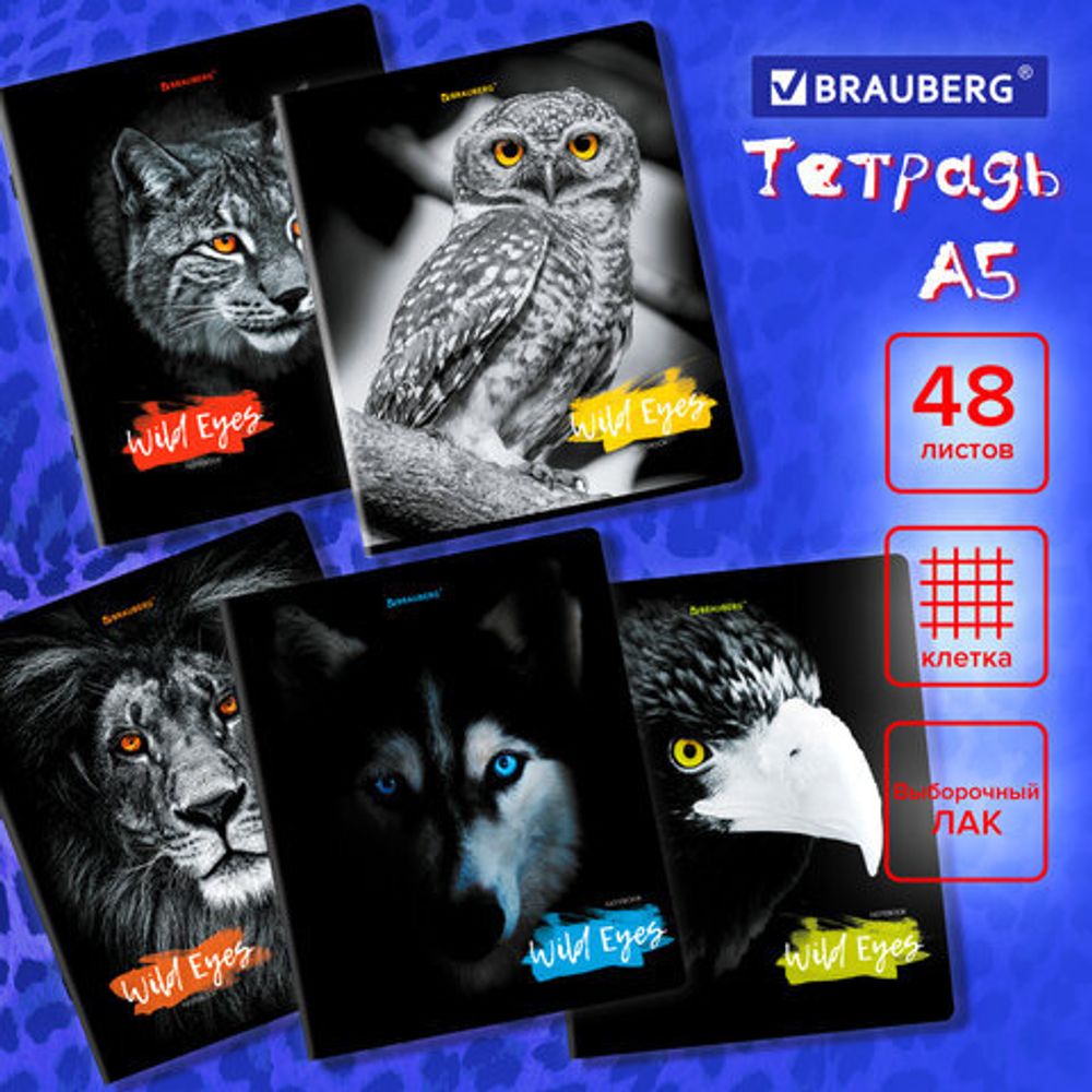 Тетрадь А5, 48 л., BRAUBERG, скоба, клетка, выборочный лак, "Wild eyes", 404343, 5шт