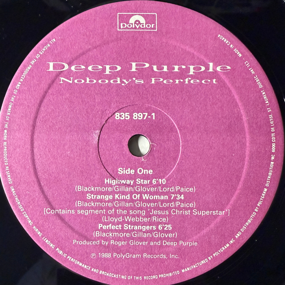 Deep Purple ‎– Nobody's Perfect 2LP (Канада 1988г.) Т