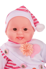 Пупс в комбинезоне и колпаке в полоску Малиновый в упаковке 16x35x8см. (Hand)