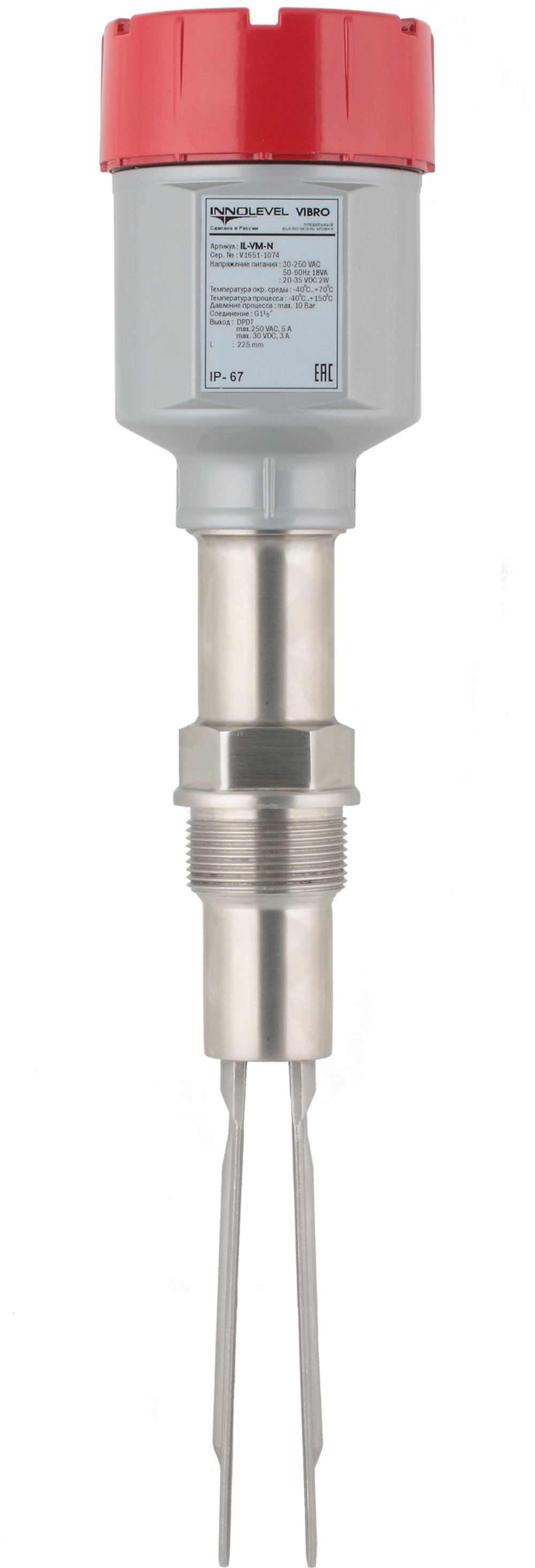 Вибрационный датчик уровня сыпучих материалов INNOLEVEL в алюм. корпусе, -40 +150 С, Pmax=10 bar, 22-265 VAC - 20-46 VDC, IP 67, чувств. от 10 г/л, соединение- резьба G 1 1/2"