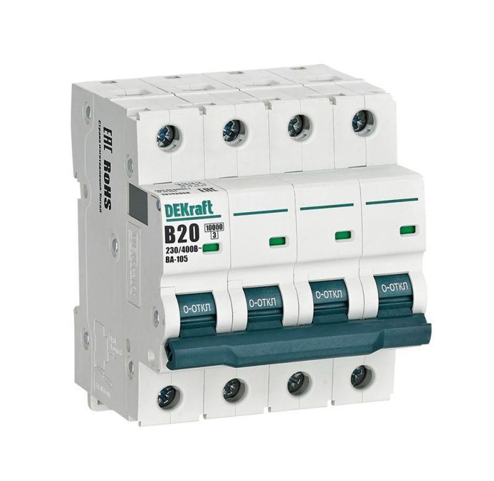 Выключатель автоматический модульный 4п B 20А 10кА ВА-105 DEKraft 13142DEK Выключатель автоматический модульный 4п B 20А 10кА ВА-105 DEKraft 13142DEK