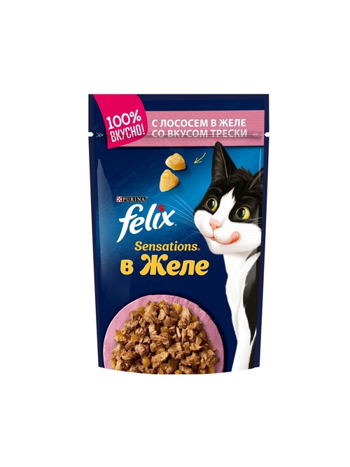 Влажный корм Felix Sensations для кошек, лосось в желе с треской, 85 г