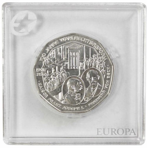 5 евро. 100 лет реформе избирательного права. Австрия. Серебро. 2007 г. UNC. В оригинальной квадрокапсуле