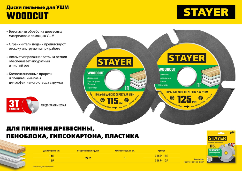 STAYER WOODCUT 125х22,2мм, 3 резца, диск пильный по дереву для УШМ