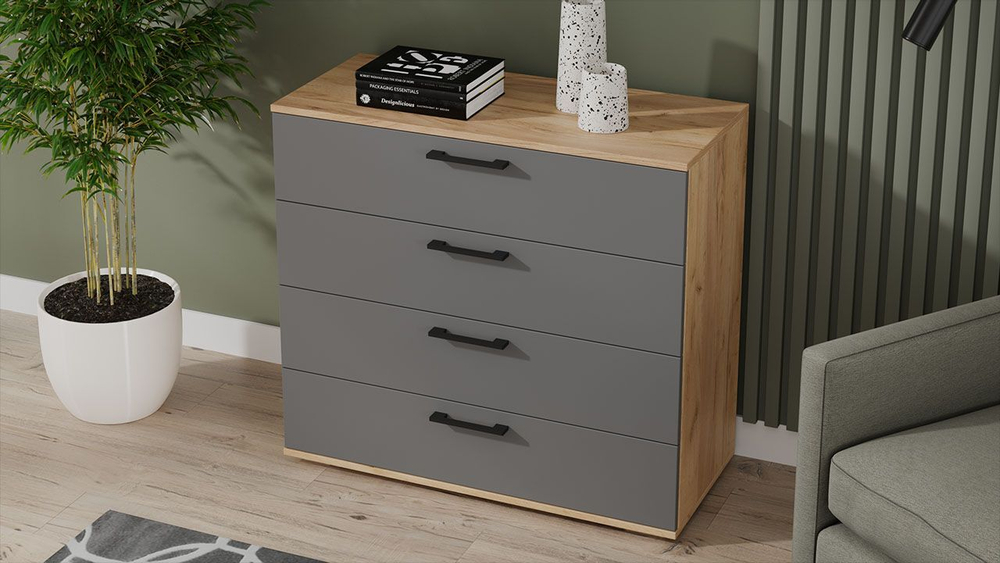 Комод для одежды с ящиками Дуб Крафт золотой/Серый графит 4 ящика 92х41х84 см