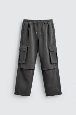 ZARA БРЮКИ КАРГО ИЗ НЕОПРЕНА СО СКЛАДКАМИ, СЕРО-СИНИЙ