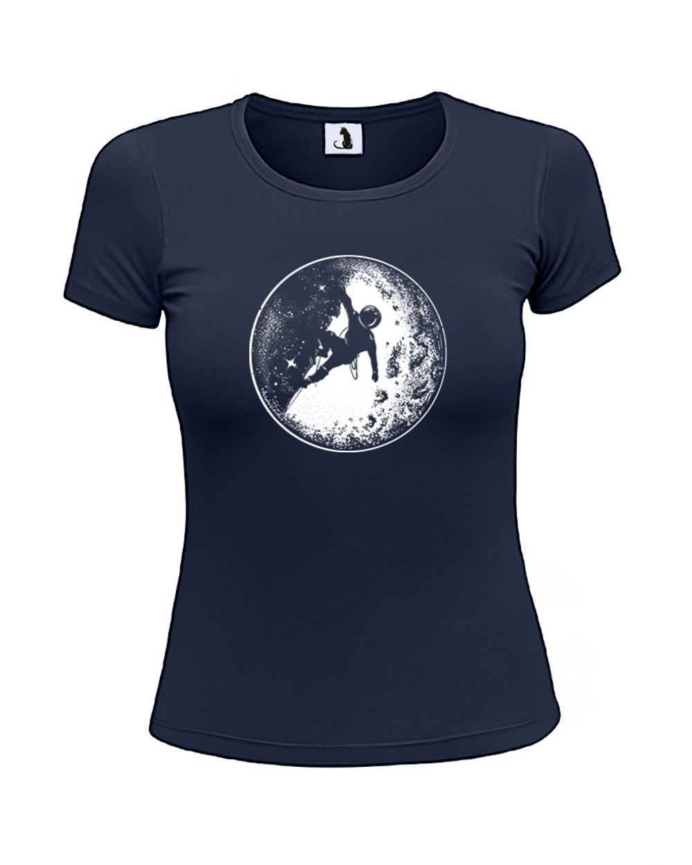 Футболка Космонавт на Луне женская приталенная темно-синяя с белым рисунком