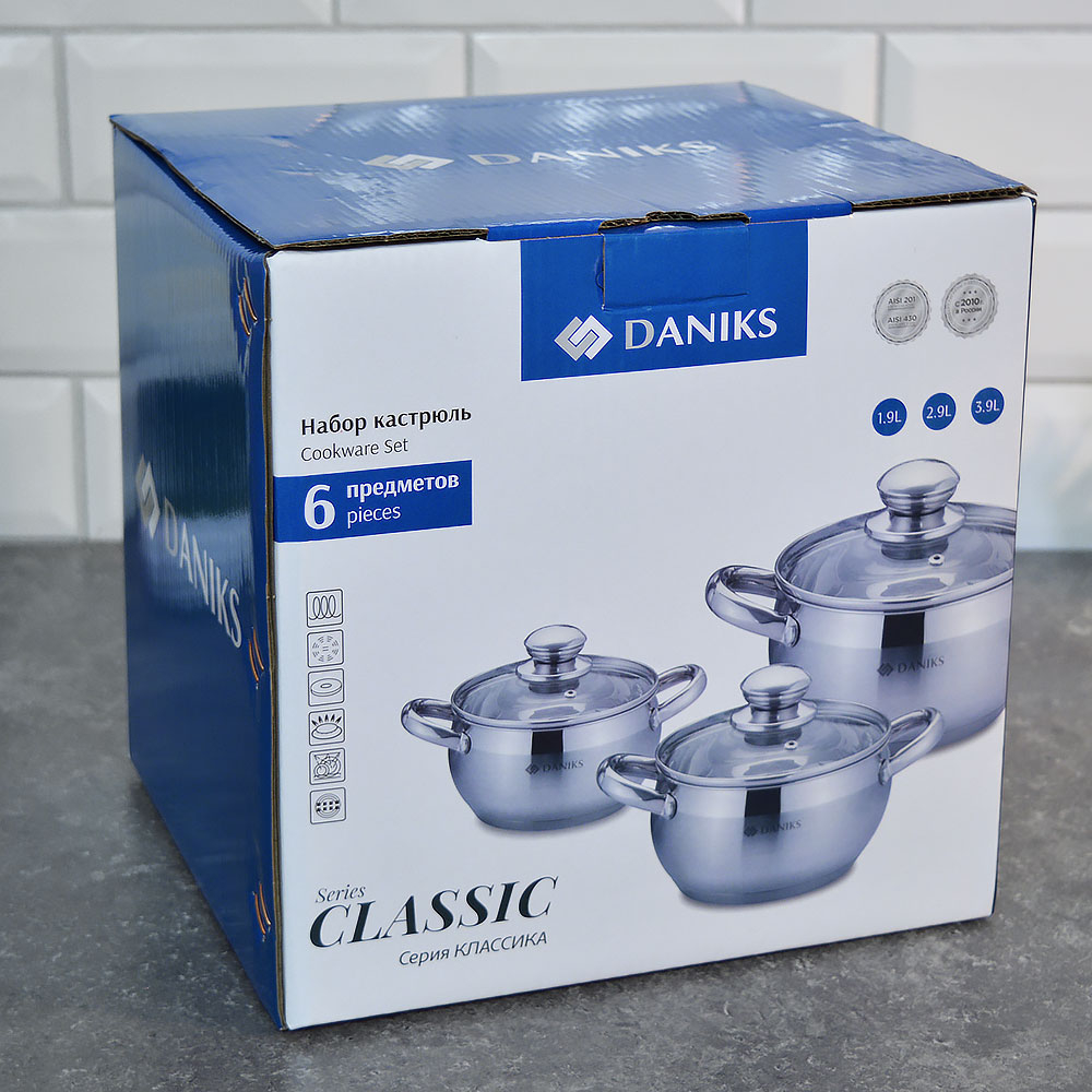 Набор кастрюль 3 предмета (1,9л, 2,9л, 3,9л) нерж, индукция, "Daniks" Классика SD-6