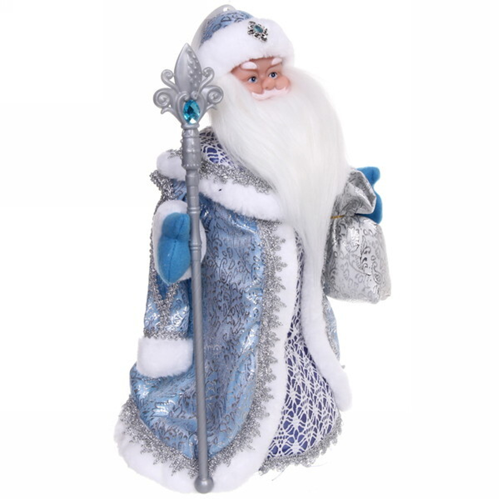 Дед Мороз музыкальный 40 см в серебряной шубе с посохом