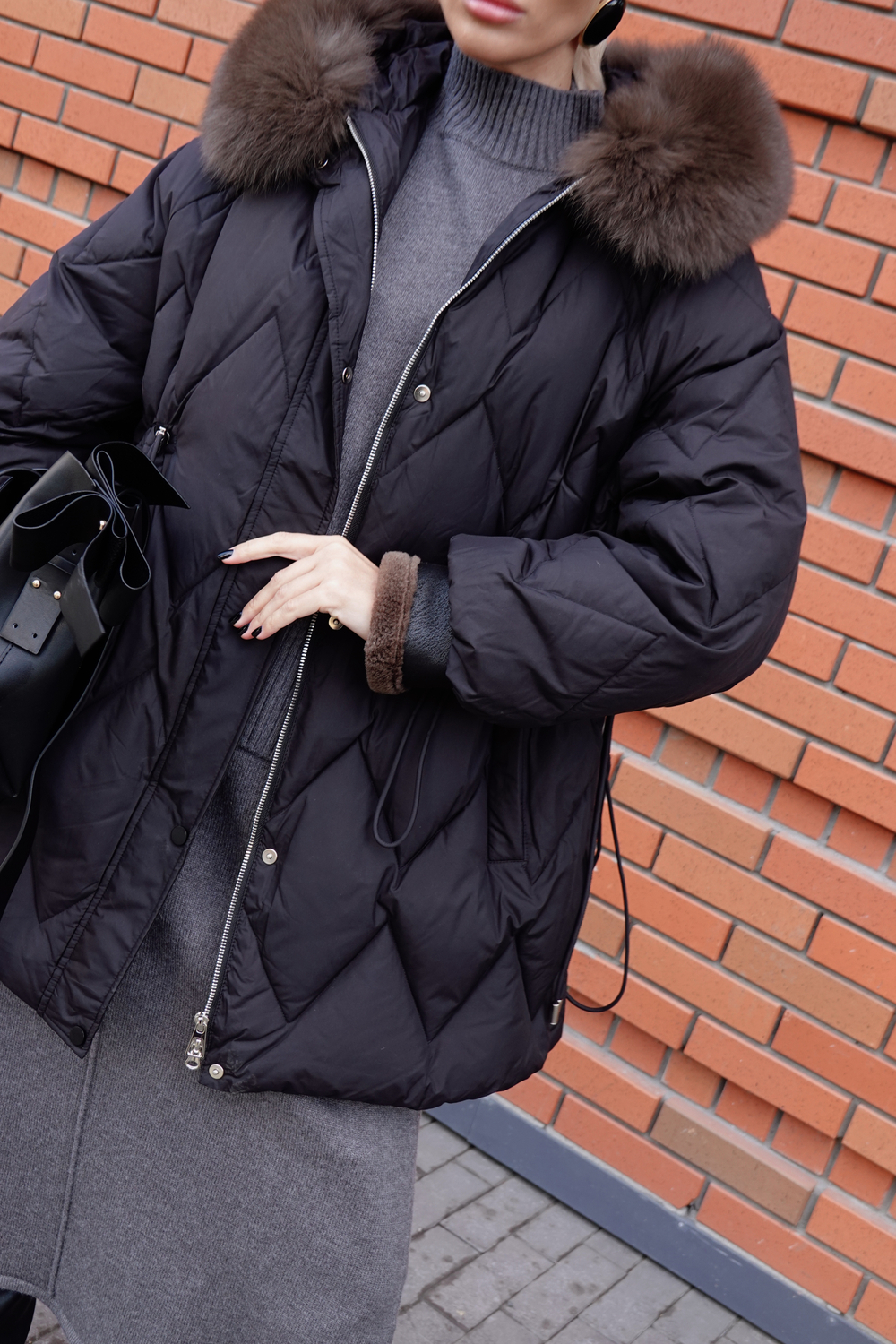 Пуховик комбинированный с элементами дубленки