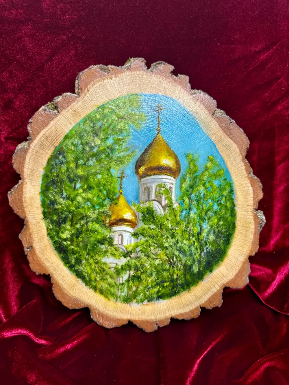 "Троица" Храм в лесу - картина маслом на срезе дуба с корой | Художница Ефимова Ольга