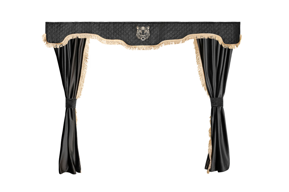 Шторы спального места с прихватами в кабину грузовика. Ламбрекен из экокожи с вышивкой Тигр и прихватами. Высота 1,5м, ширина одной стороны - 1,15м. Блэкаут, велюр. Черный цвет с бежевой бахромой