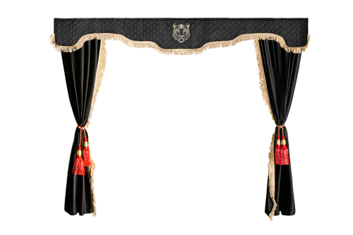 Шторы спального места с прихватами в кабину грузовика. Ламбрекен из экокожи с вышивкой Тигр и прихватами "Кисти". Высота 1,5м, ширина одной стороны - 1,15м. Блэкаут, велюр. Черный цвет с красными кистями
