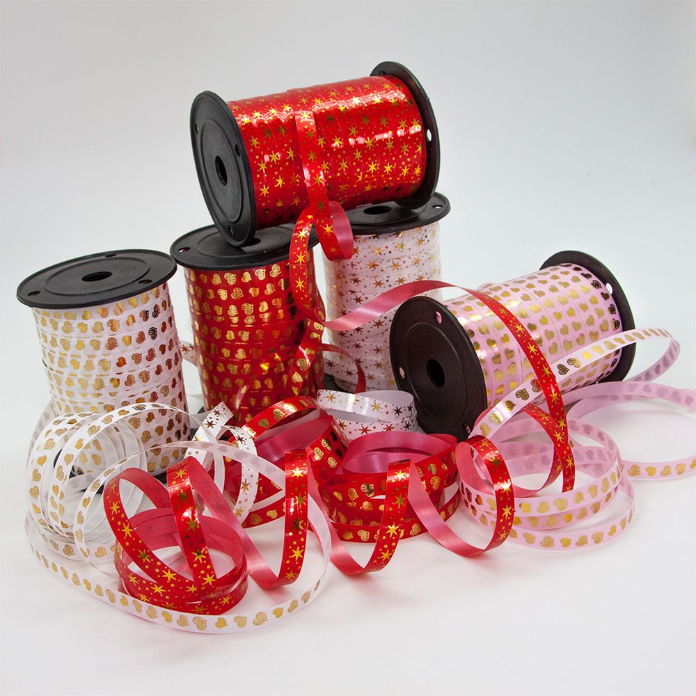 Лента (1 см*91,44 м) Золотые сердца, Розовый, Металлик, 1 шт.