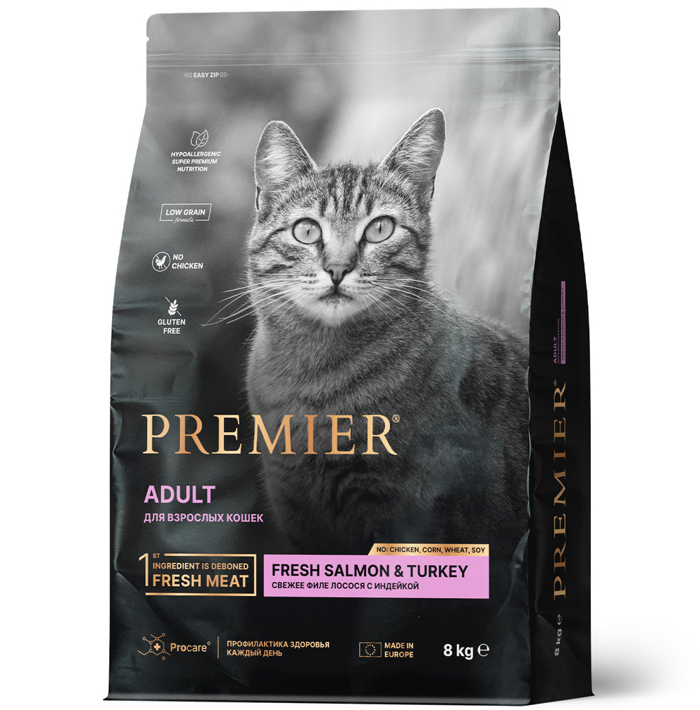 Сухой корм Premier Cat Salmon&Turkey ADULT для взрослых кошек свежее филе лосося с индейкой 8 кг