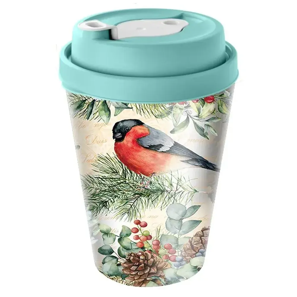 Стакан с крышкой 420мл с декором с клапаном Снигири, Зеленый Стакан с крышкой 420мл с декором с клапаном Снигири, Зеленый