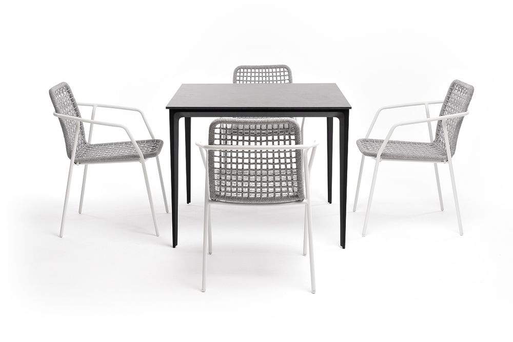 "Малага" обеденная группа на 4 персоны со стульями "Тунис", каркас белый, роуп светло-серый