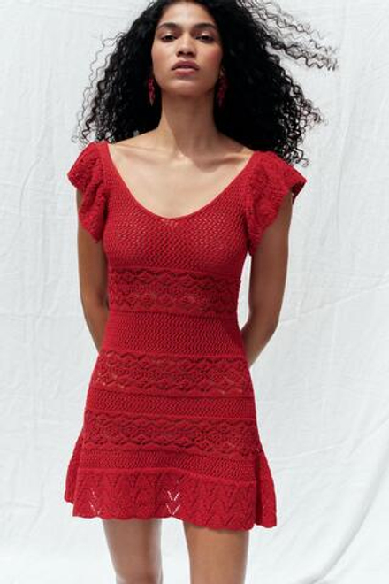 ZARA МИНИ-ПЛАТЬЕ ИЗ РЕЛЬЕФНОГО ТРИКОТАЖА С ВОЛАНАМИ, КРАСНЫЙ