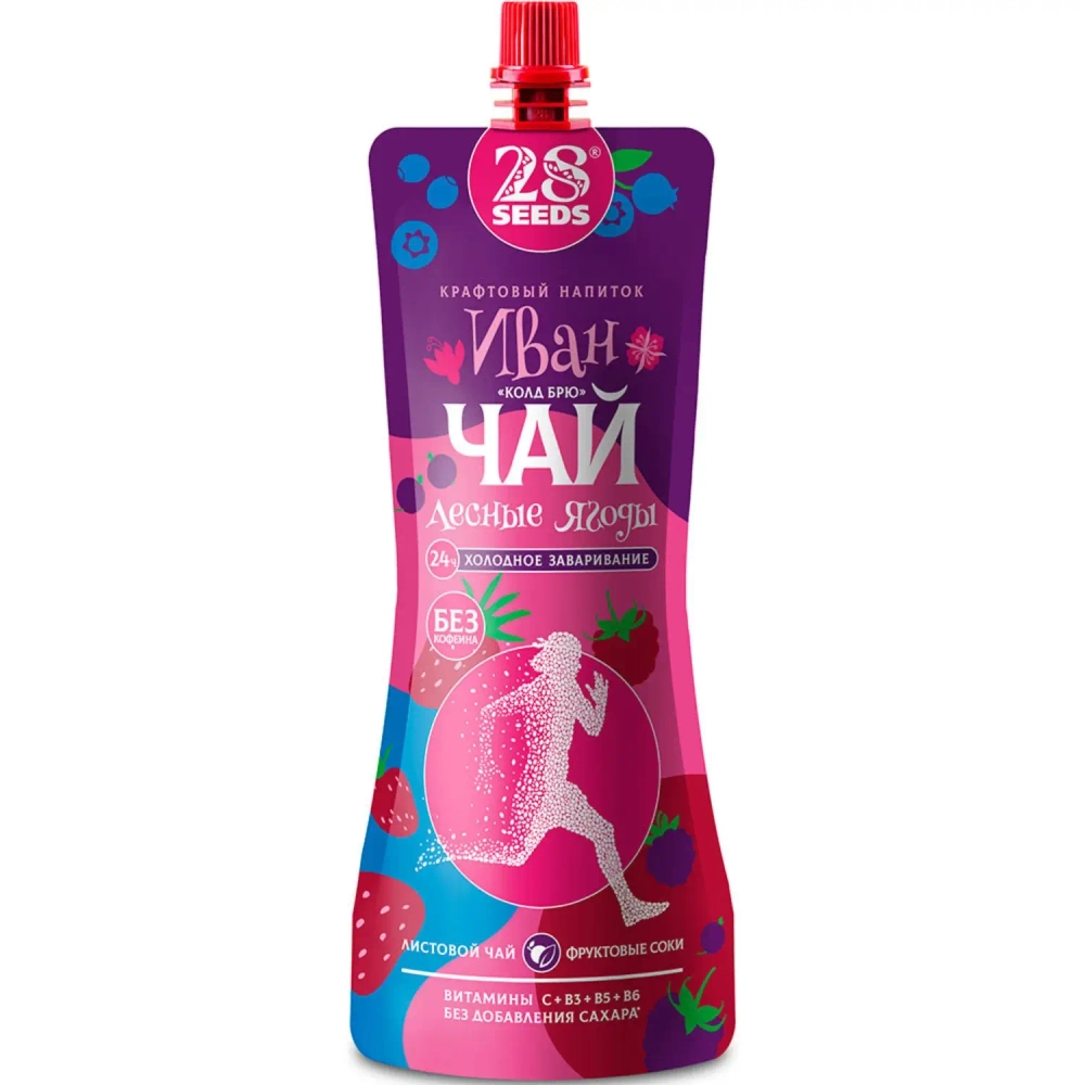 Иван-чай «Колд брю» Лесные ягоды 28SEEDS, 250 мл, холодный травяной чай в дой-паке, вид спереди