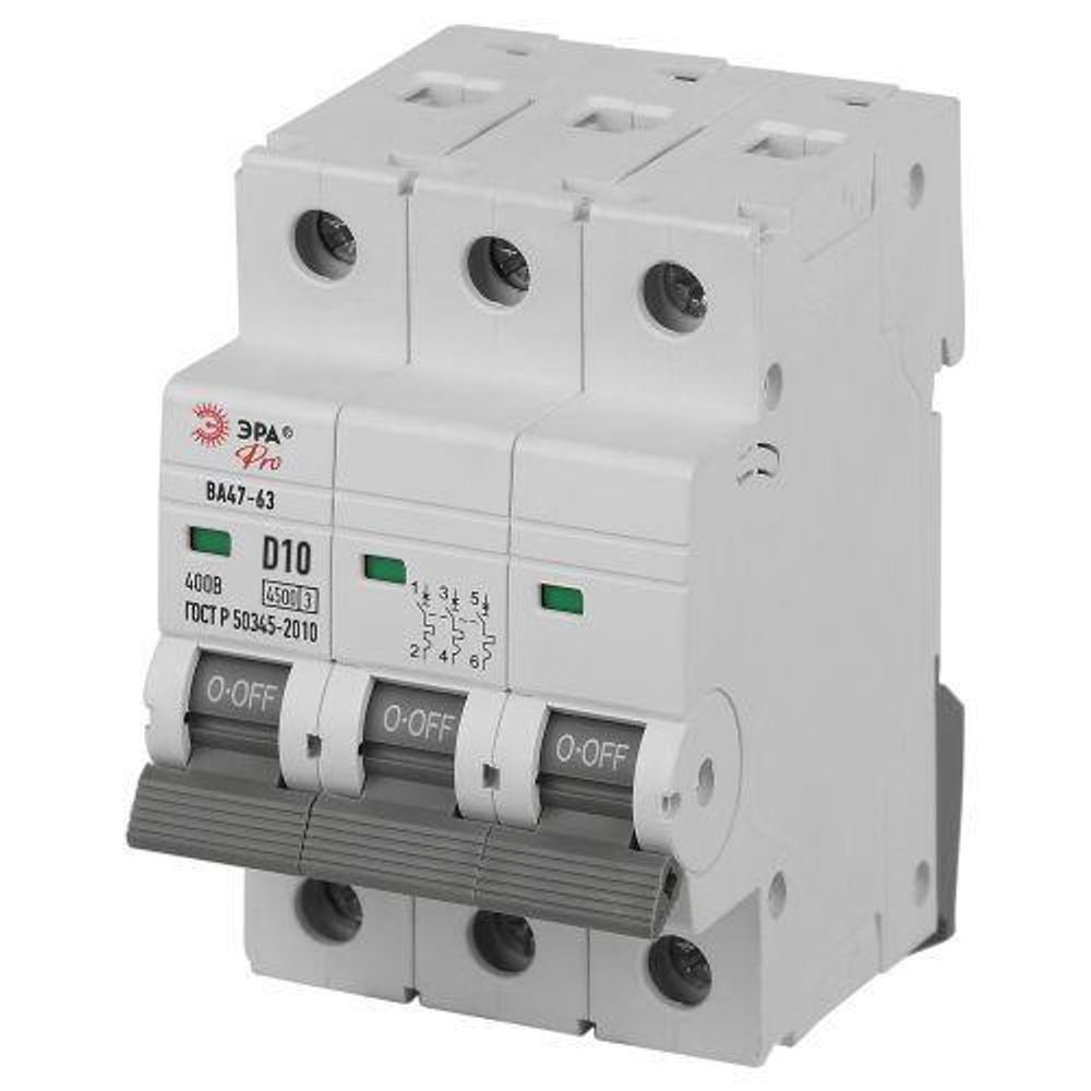 Выключатель автоматический 3п D 10А 4.5кА ВА47-63 PRO ЭРА Б0059475 Выключатель автоматический 3п D 10А 4.5кА ВА47-63 PRO ЭРА Б0059475