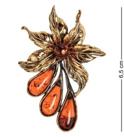AM-2411 Брошь «Цветок тропический» (латунь, янтарь)