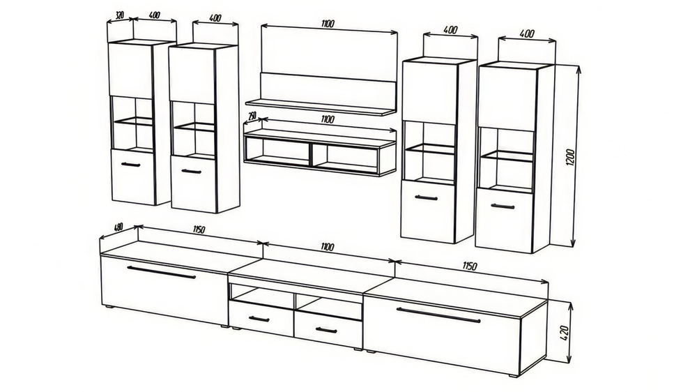 Гостиная Ганг МДФ Белый DM635-6 / Белый Фасадный 0101 340*48*200 см, Белый, Белый Фасадный   Фиеста