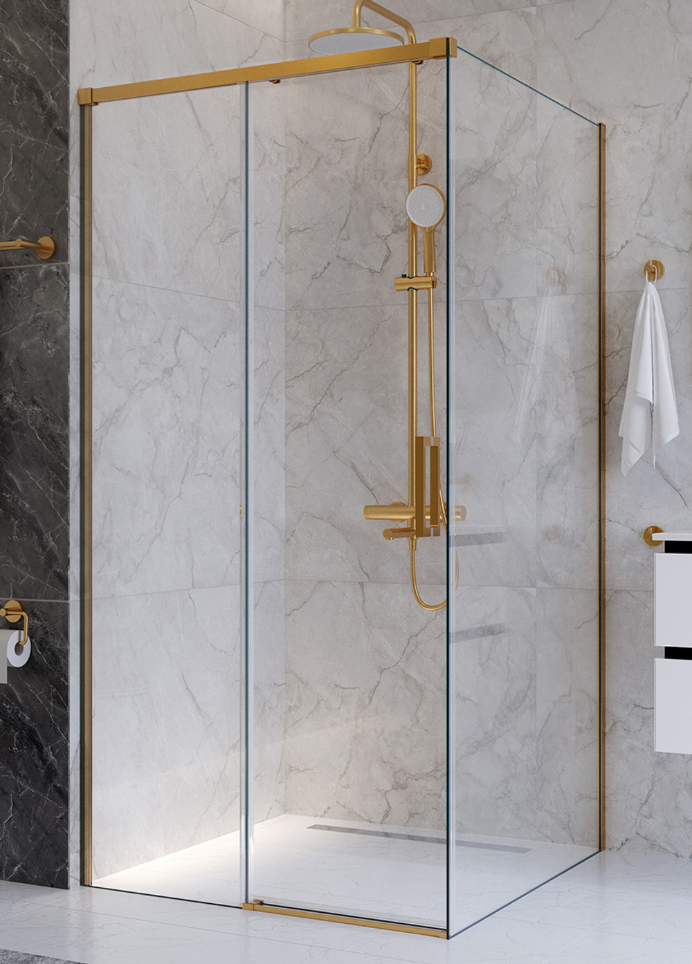 Душевой уголок Cezares PLANE-A-1-100-C-BORO, 100х100х195, профиль брашированное золото, стекло прозрачное