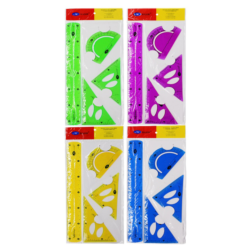 Линейка Basir пластиковая, гибкая, набор 4 шт, 4 предмета: линейка 30 см, транспортир и два угольника