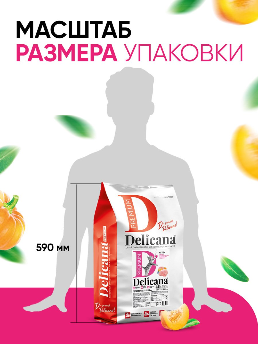 Сухой полнорационный корм для котят с чувствительным пищеварением с индейкой DELICANA 8кг