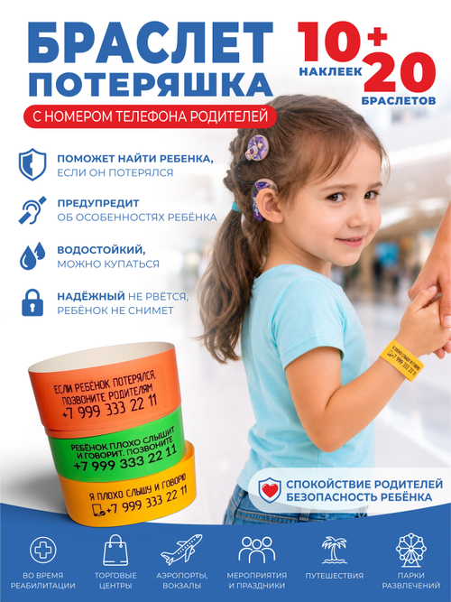 Браслет-потеряшка с номером телефона 10 наклеек+20 браслетов