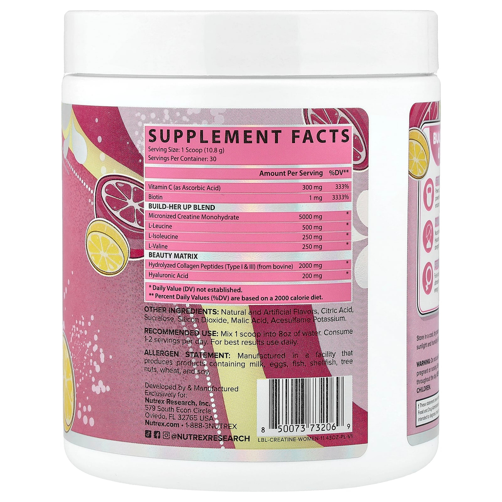 Nutrex Research, креатин для женщин, для ягодиц и красоты, розовый лимонад, 323,98 г (11,43 унции)