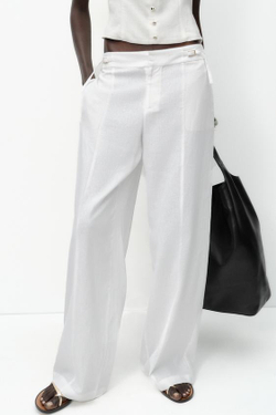 ZARA ШИРОКИЕ БРЮКИ С ПРЯЖКАМИ ИЗ ЛЬНА, БЕЛЫЙ