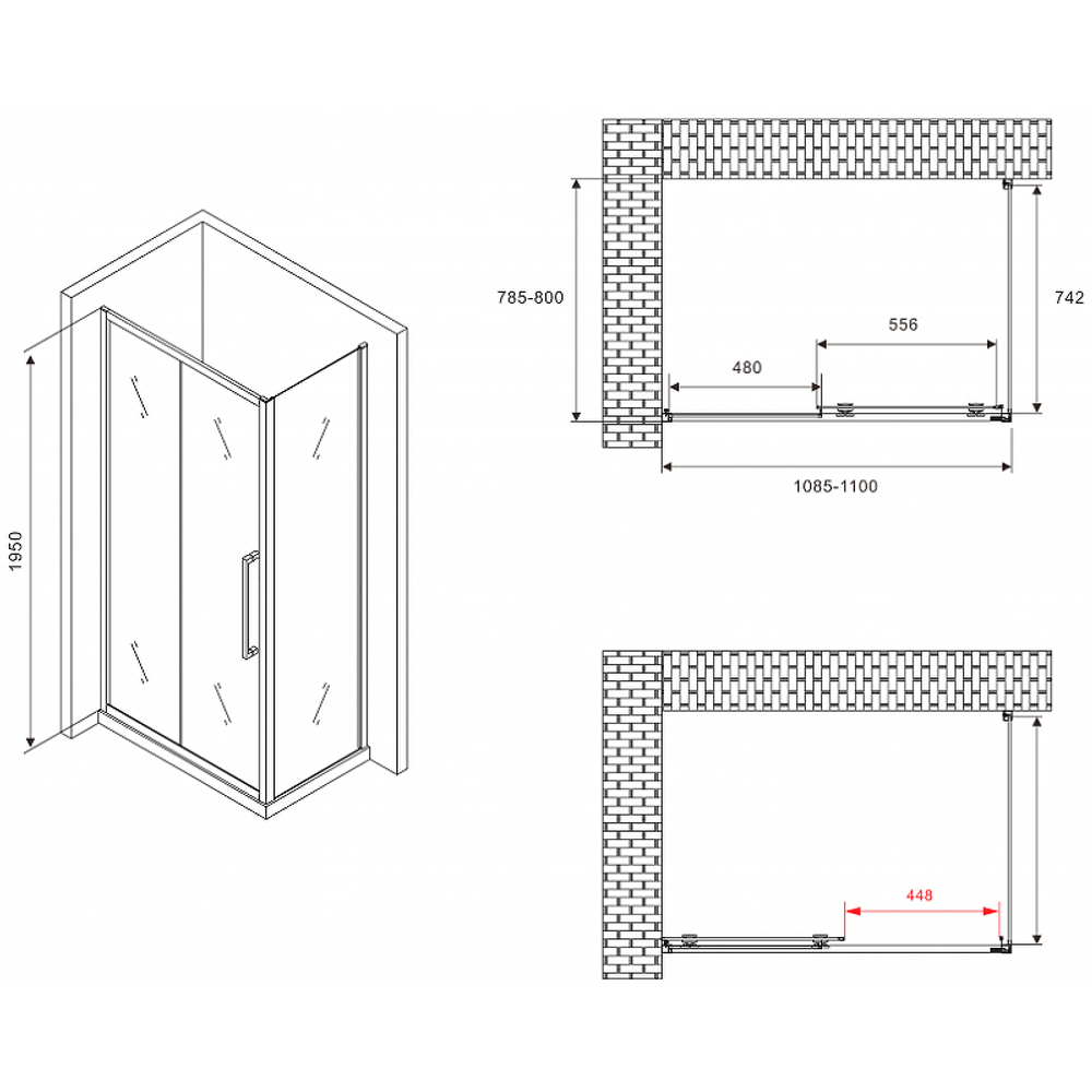 Душевой уголок Abber Schwarzer Diamant 110x80 AG30110BMH-S80BM профиль Черный стекло матовое