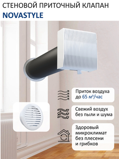 Клапан приточный NovaSTYLE КИВ-125 с квадратным оголовком, с вентиляционным каналом 0,5 м, решеткой RAL9016, белой
