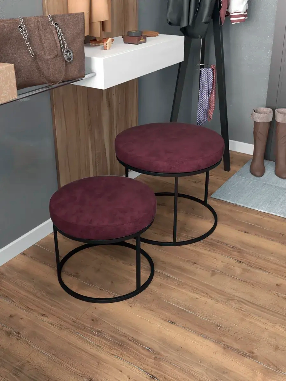 Комплект круглых банкеток - ЧБОРД - бордовое на черном