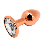 Золотистая анальная пробка 7см с прозрачным кристаллом Cnex Wooomy Tralalo Rose Gold Metal Plug Small White