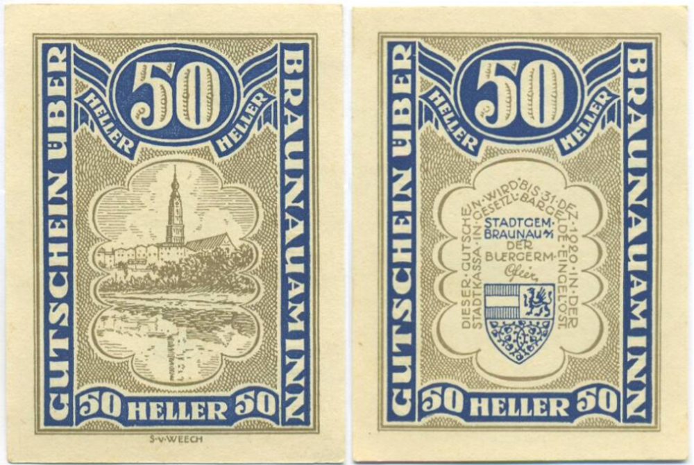 Австрия 50 геллеров 1920 Браунау-ам-Инн aUNC