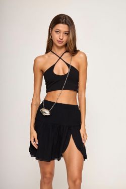 Мини юбка-лепесток из жатого хлопка черного цвета