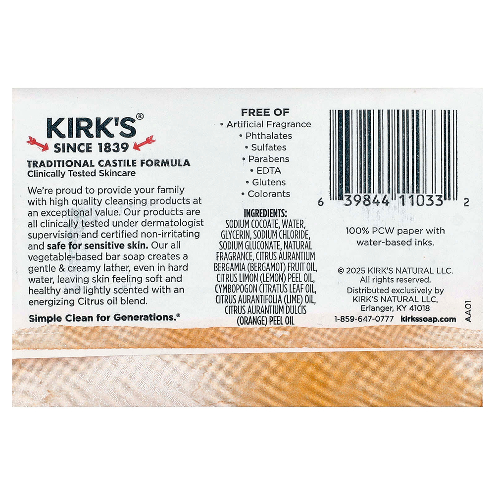 Kirk's, кастильское кусковое мыло со 100%-ным кокосовым маслом премиального качества, цитрус, 113 г (4 унции)