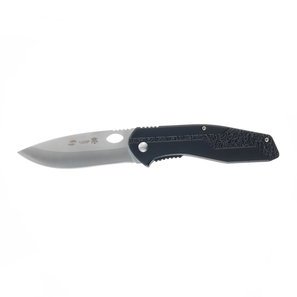 Фото недорогой стальной складной нож с серебристым клинком 95 мм и чёрной алюминиевой рукояткой Stinger FB2023 в чехле и коробке