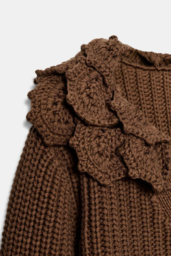 ZARA КАРДИГАН ВЯЗАНЫЙ С ЦВЕТОЧНЫМ УЗОРОМ, КОРИЧНЕВЫЙ