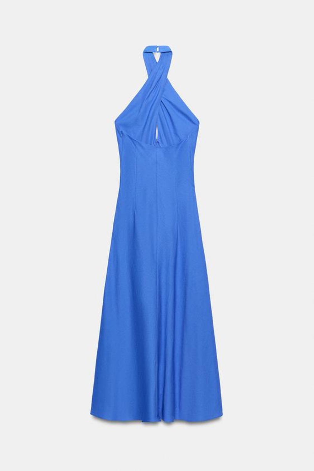 ZARA ЛЬНЯНОЕ ПЛАТЬЕ МИДИ С ГОРЛОВИНОЙ ХАЛТЕР, СИНИЙ
